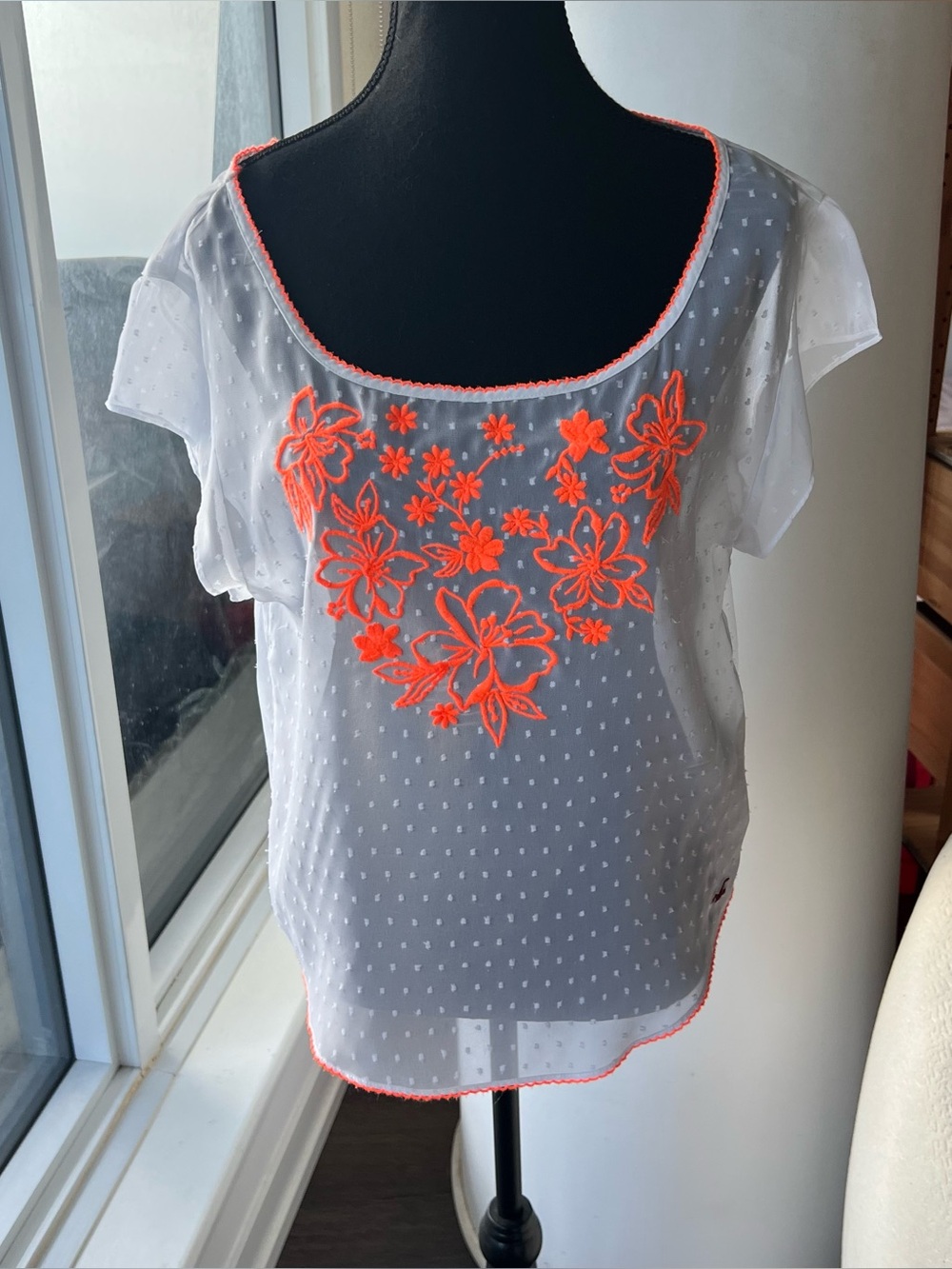 White Sheer Flutter Sleeve Top with Neon Orange Floral Embroidery -Size M